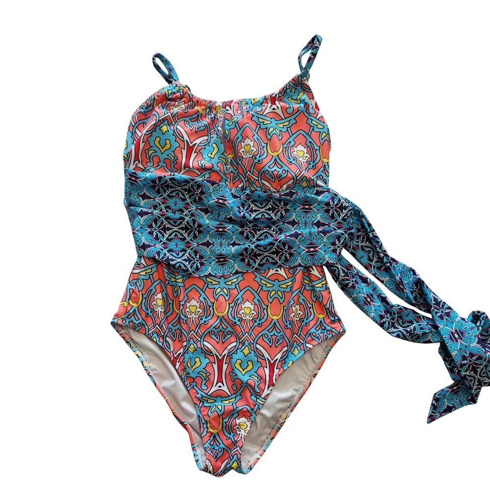 Venus Belted One Piece Swimsuit Sea Escape Medallion Paisley Keyhole Sz 10